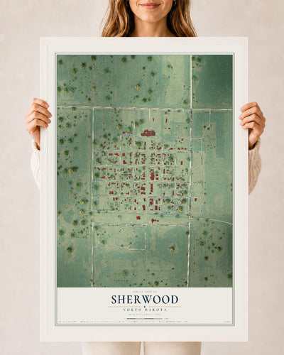 Map of Sherwood, North Dakota, 24 x 36 inch print in a white wood frame