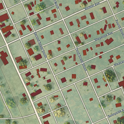 Close-up of the map of Sheyenne, North Dakota print showing street and building detail