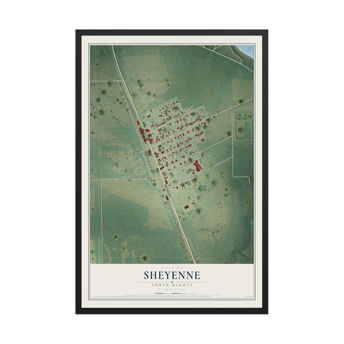 Map of Sheyenne, North Dakota, 12 x 18 inch print in a black wood frame