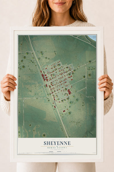 Map of Sheyenne, North Dakota, 18 x 24 inch print in a white wood frame