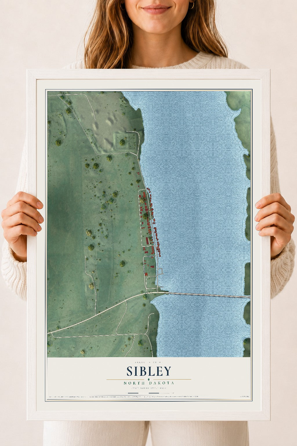 Map of Sibley, North Dakota, 18 x 24 inch print in a white wood frame