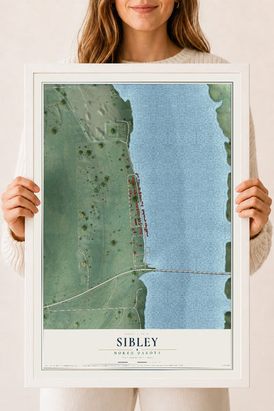 Map of Sibley, North Dakota, 18 x 24 inch print in a white wood frame