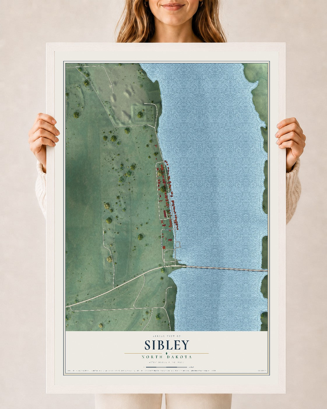 Map of Sibley, North Dakota, 24 x 36 inch print in a white wood frame
