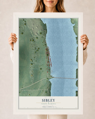 Map of Sibley, North Dakota, 24 x 36 inch print in a white wood frame