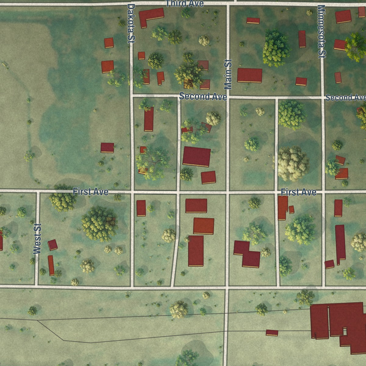 Close-up of the map of Souris, North Dakota print showing street and building detail
