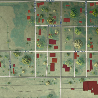Close-up of the map of Souris, North Dakota print showing street and building detail