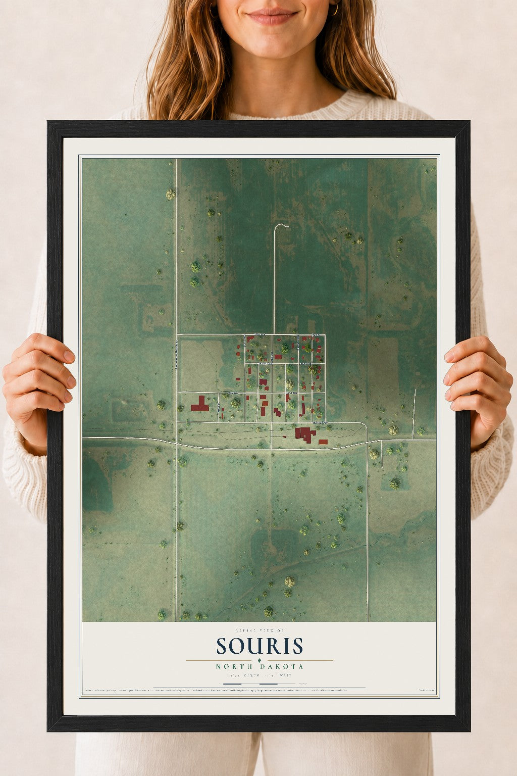 Map of Souris, North Dakota, 18 x 24 inch print in a black wood frame