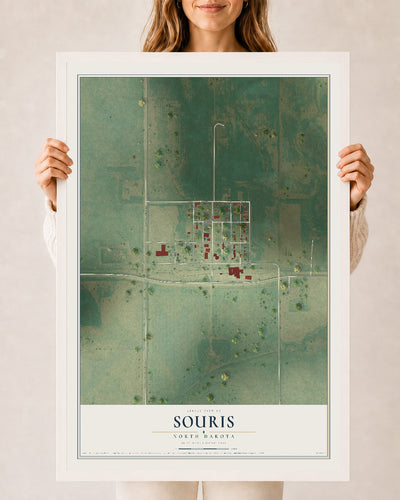 Map of Souris, North Dakota, 24 x 36 inch print in a white wood frame