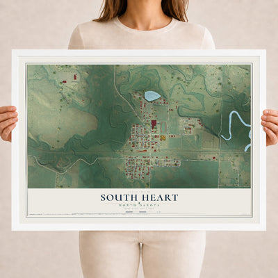 Map of South Heart, North Dakota, 18 x 24 inch print in a white wood frame