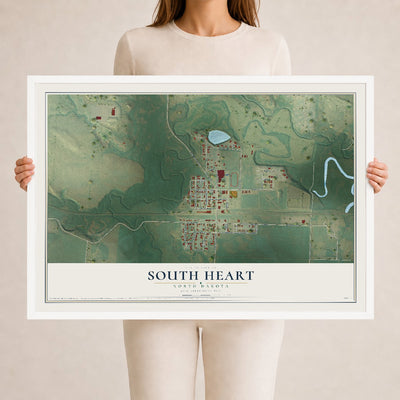 Map of South Heart, North Dakota, 24 x 36 inch print in a white wood frame