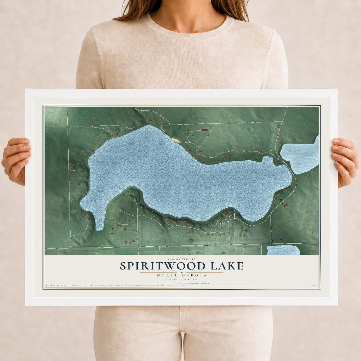 Map of Spiritwood Lake, North Dakota, 12 x 18 inch print in a white wood frame