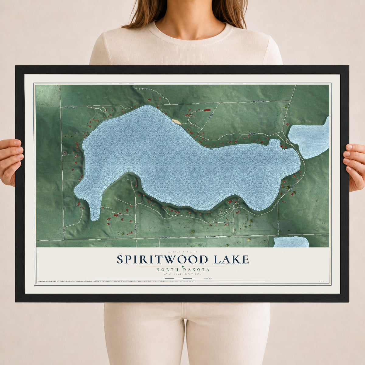 Map of Spiritwood Lake, North Dakota, 18 x 24 inch print in a black wood frame