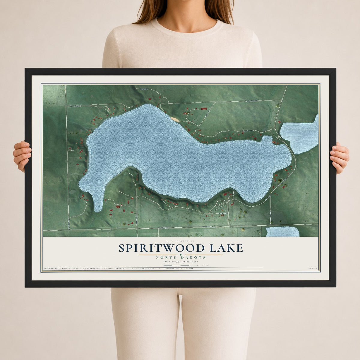 Map of Spiritwood Lake, North Dakota, 24 x 36 inch print in a black wood frame