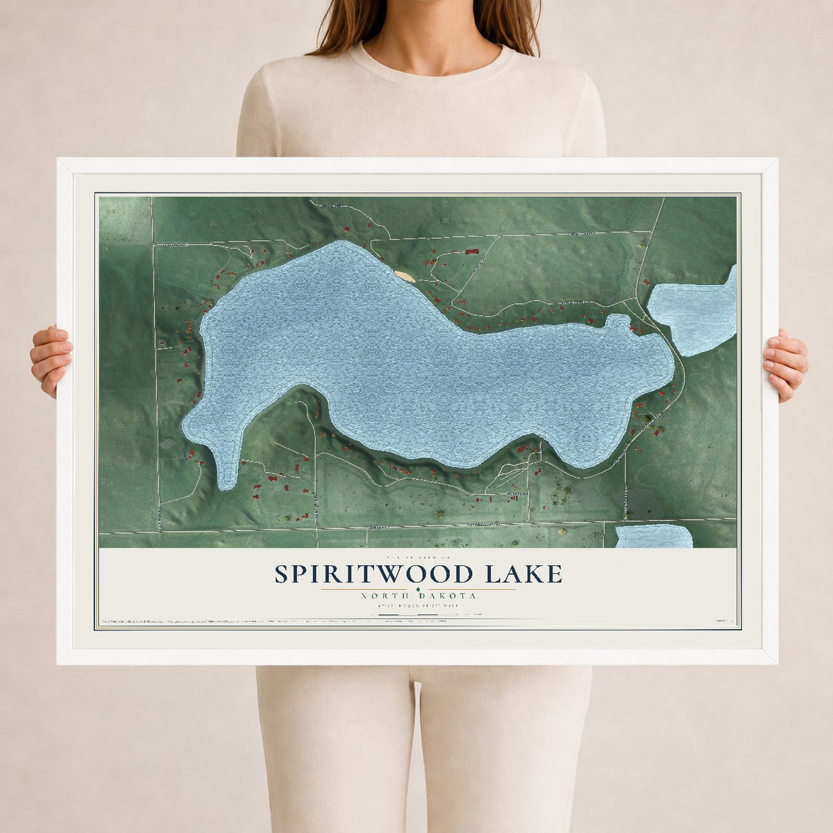 Map of Spiritwood Lake, North Dakota, 24 x 36 inch print in a white wood frame