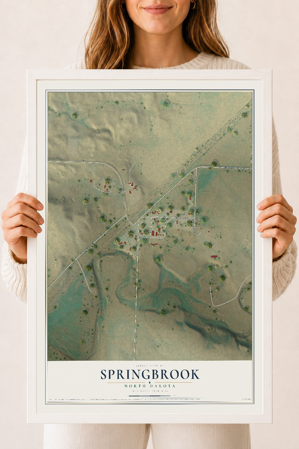 Map of Springbrook, North Dakota, 18 x 24 inch print in a white wood frame