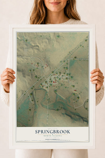 Map of Springbrook, North Dakota, 18 x 24 inch print in a white wood frame