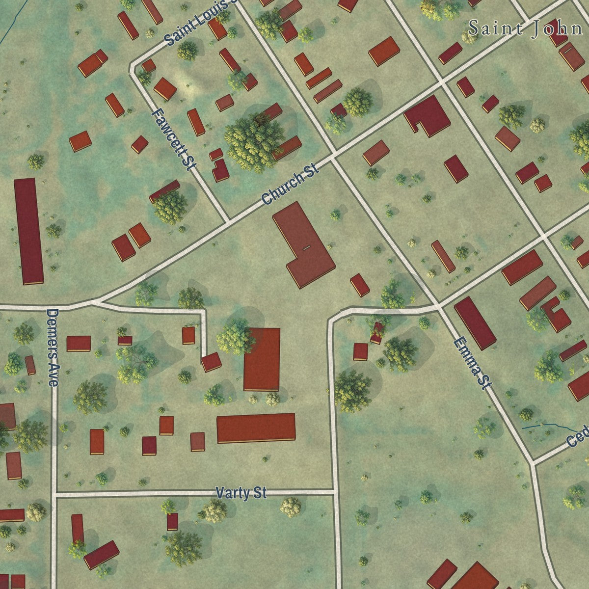 Close-up of the map of St. John, North Dakota print showing street and building detail