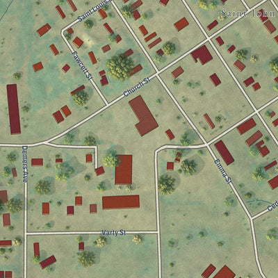 Close-up of the map of St. John, North Dakota print showing street and building detail