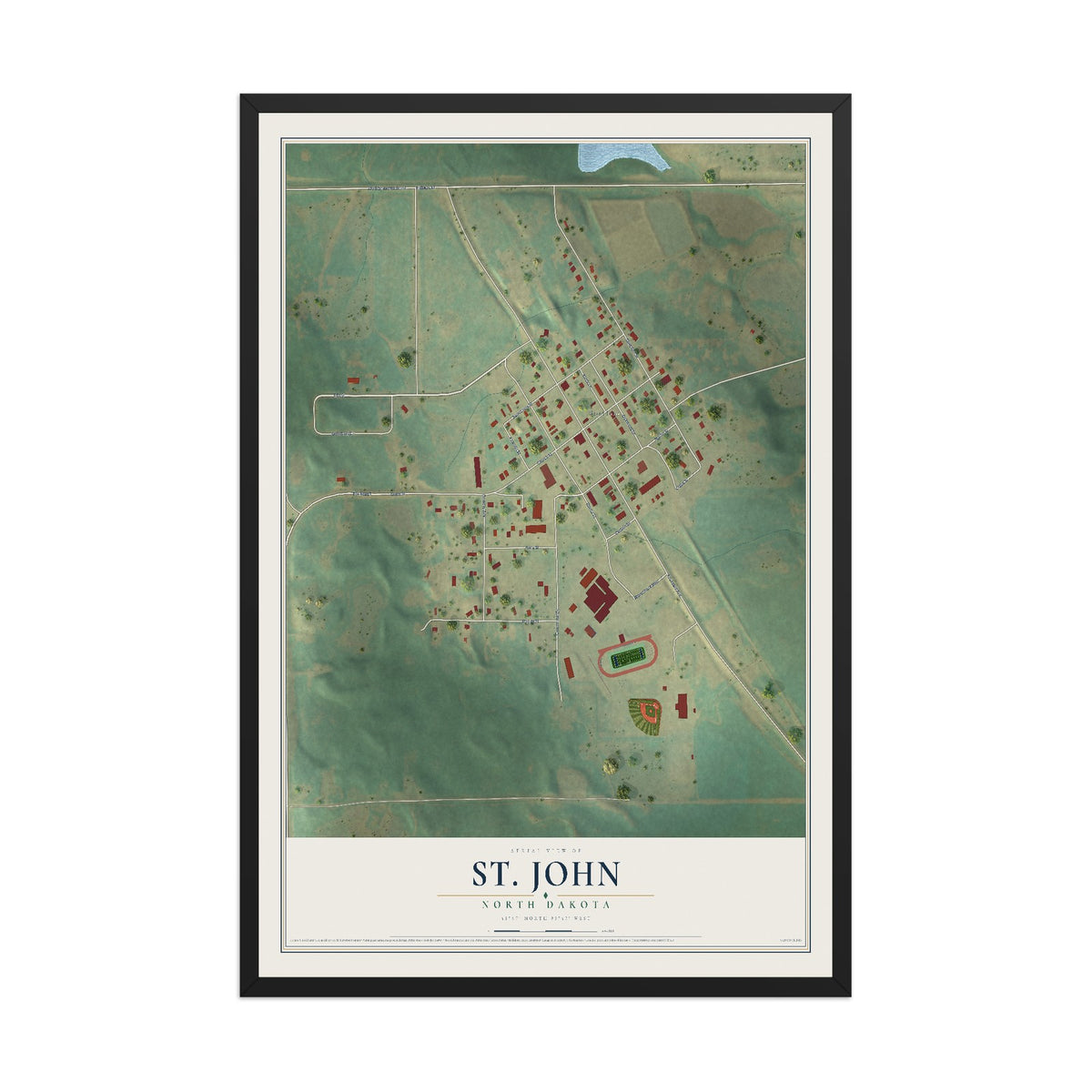 Map of St. John, North Dakota, 12 x 18 inch print in a black wood frame