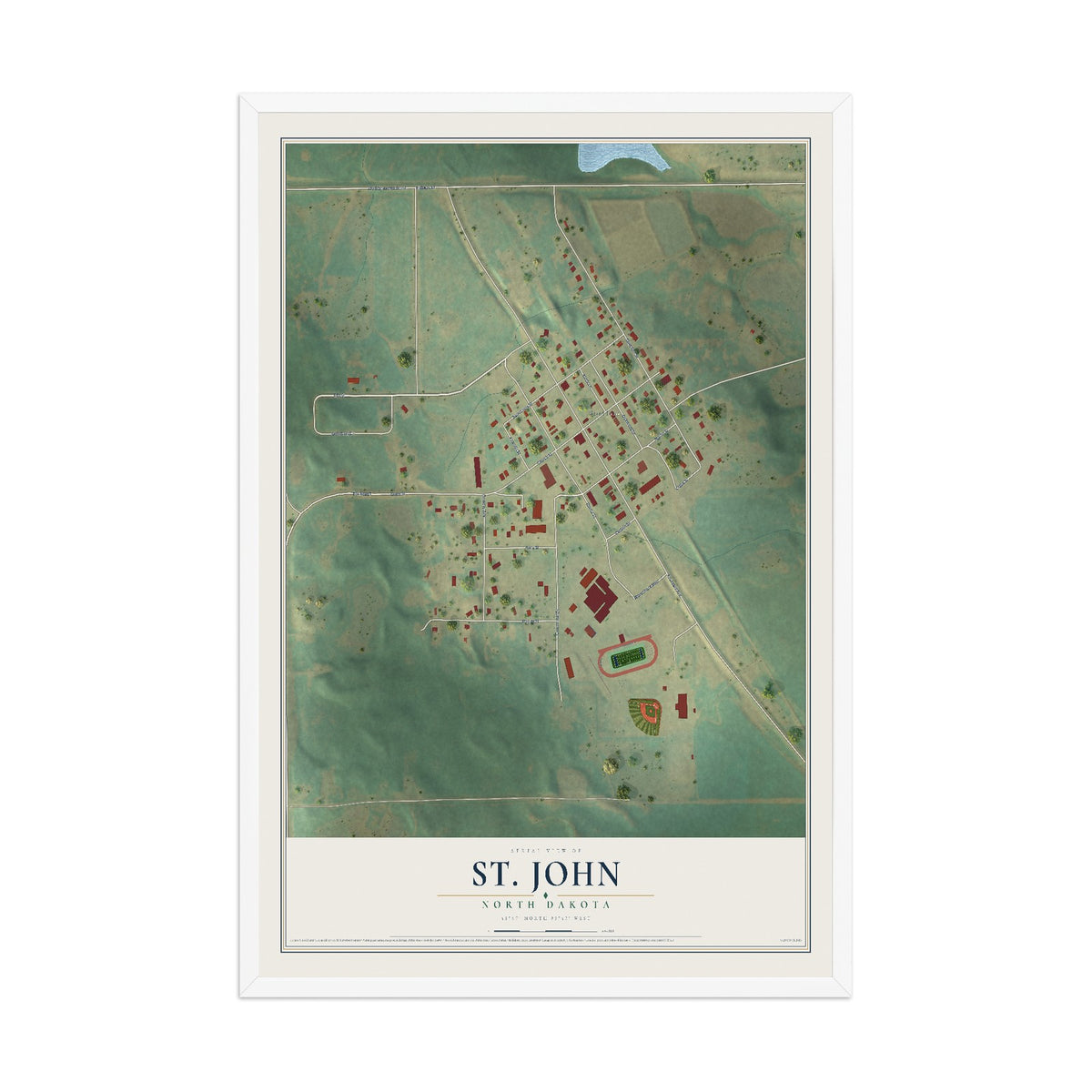 Map of St. John, North Dakota, 12 x 18 inch print in a white wood frame