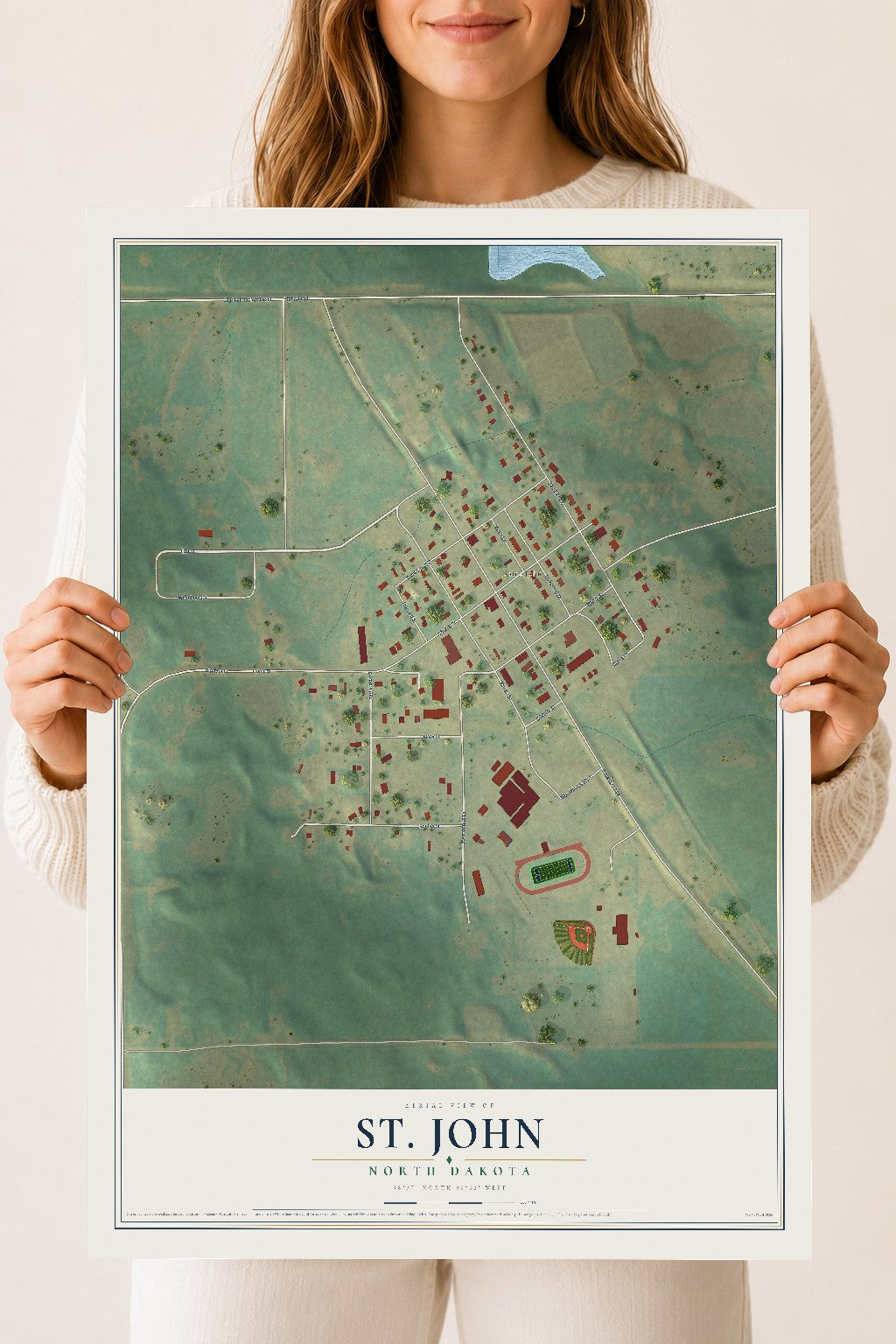 Map of St. John, North Dakota, 18 x 24 inch unframed archival matte print