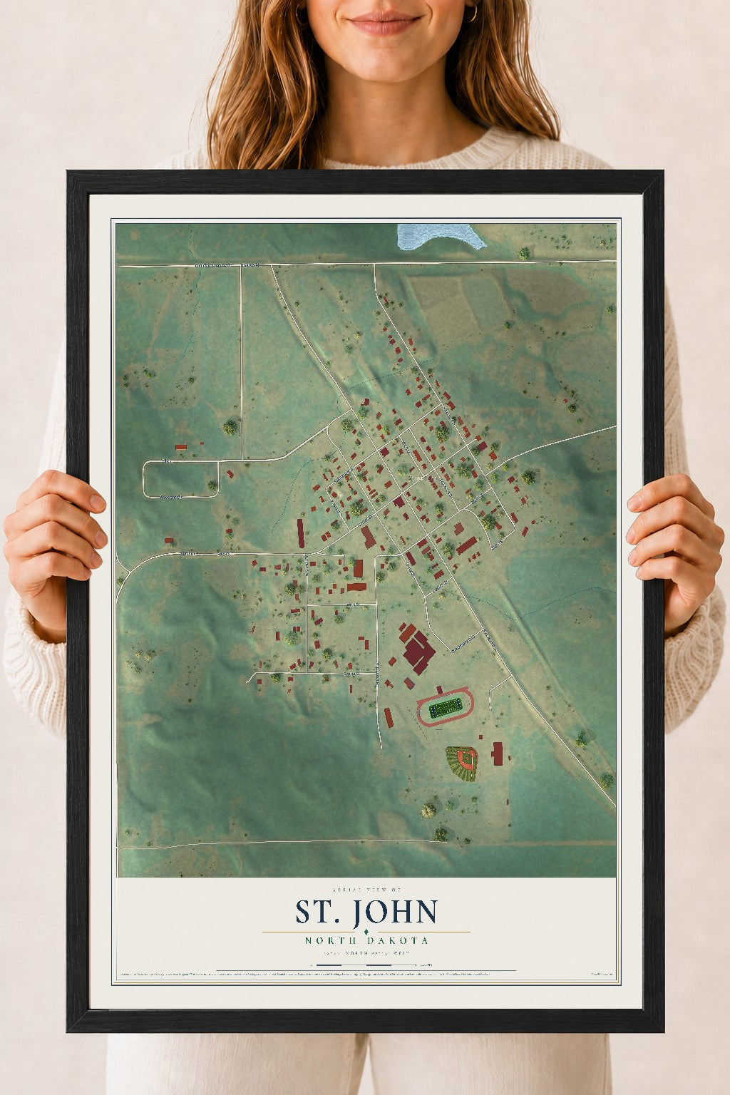 Map of St. John, North Dakota, 18 x 24 inch print in a black wood frame