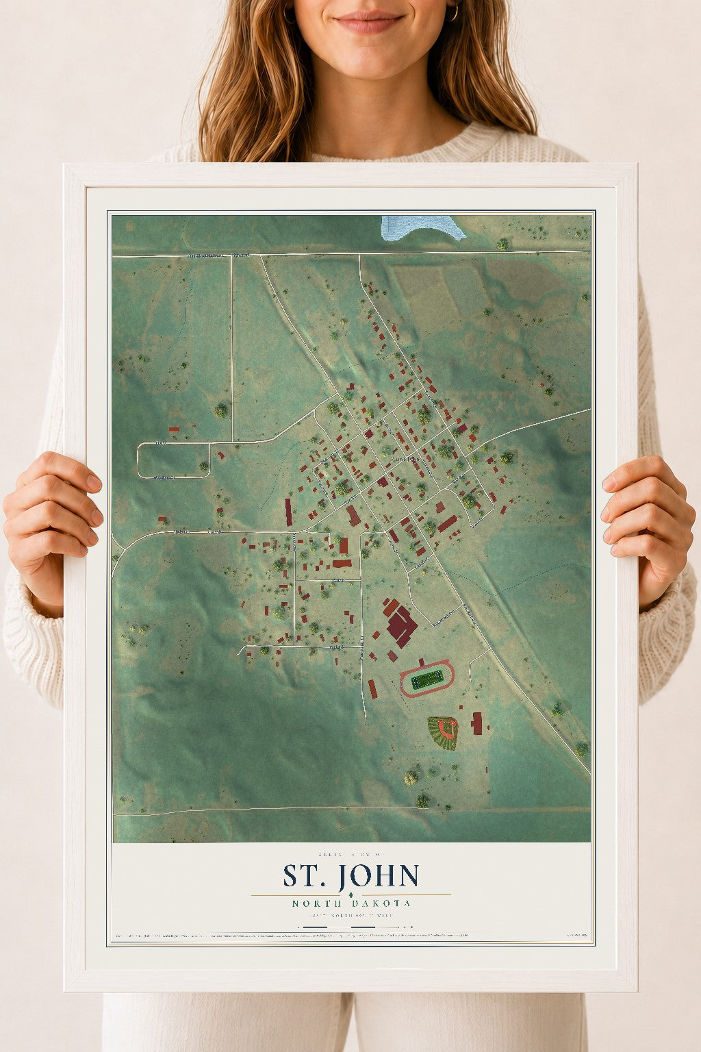 Map of St. John, North Dakota, 18 x 24 inch print in a white wood frame