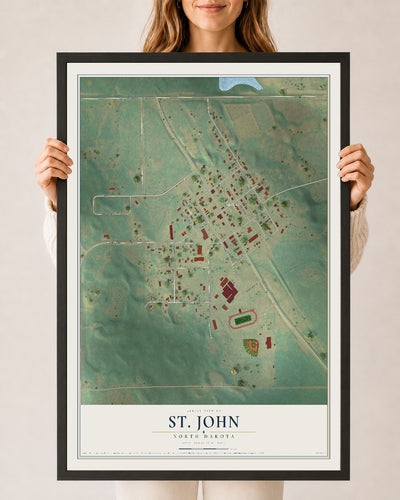 Map of St. John, North Dakota, 24 x 36 inch print in a black wood frame