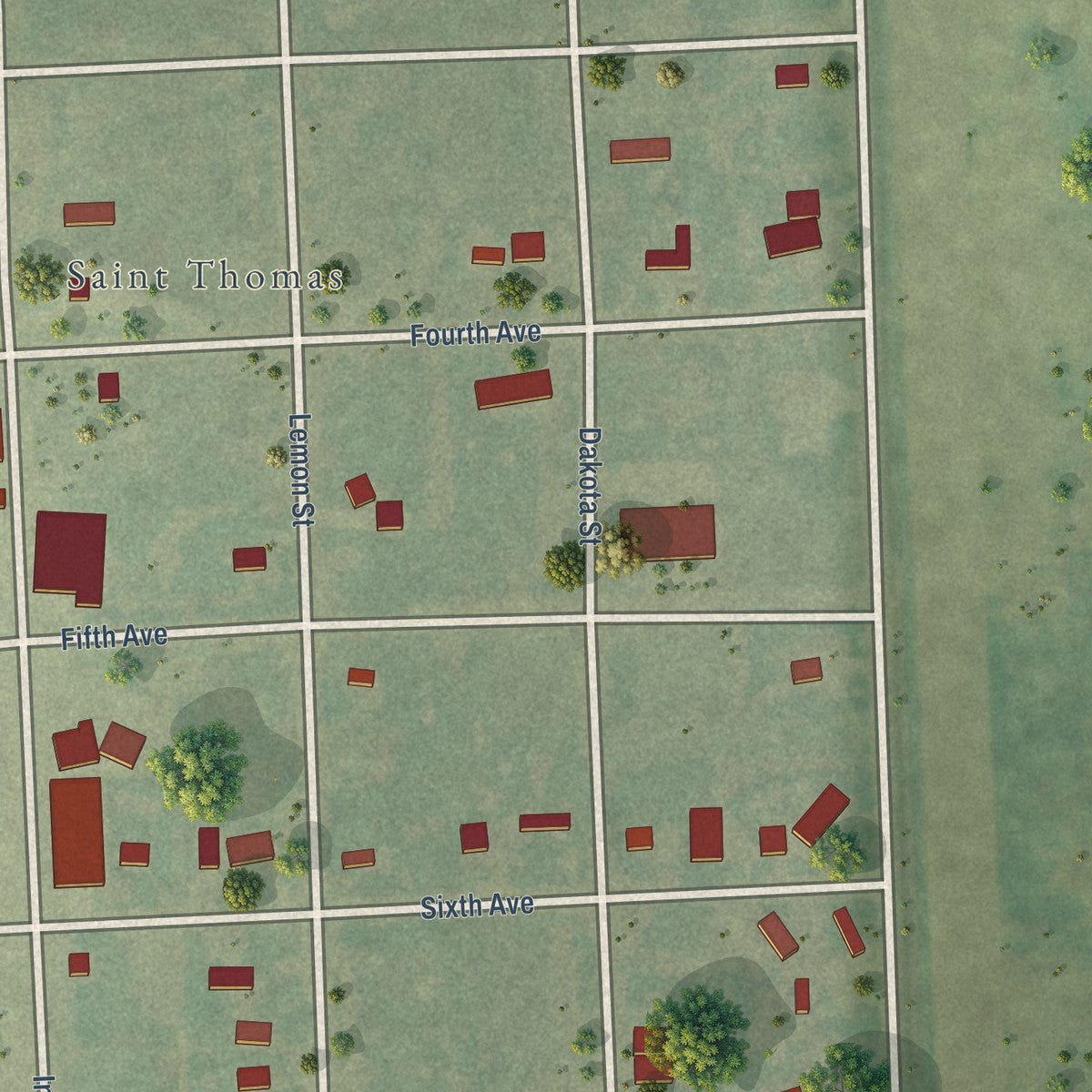 Second close-up of the map of St. Thomas, North Dakota print showing more streets and buildings