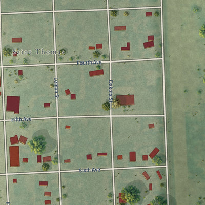 Second close-up of the map of St. Thomas, North Dakota print showing more streets and buildings