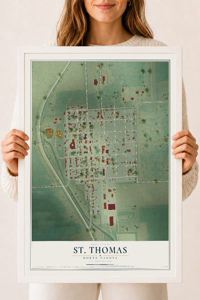 Map of St. Thomas, North Dakota, 18 x 24 inch print in a white wood frame