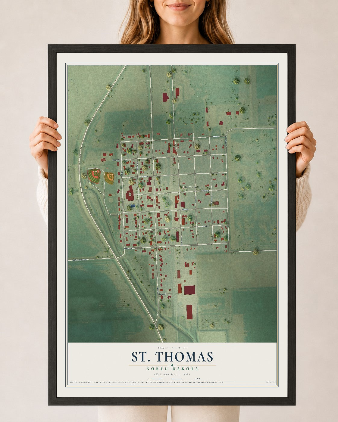 Map of St. Thomas, North Dakota, 24 x 36 inch print in a black wood frame