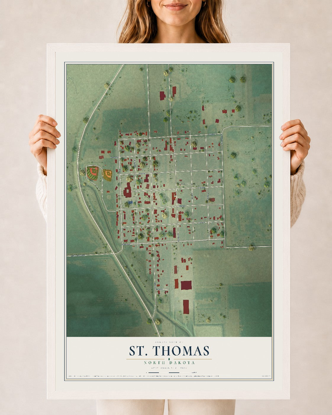 Map of St. Thomas, North Dakota, 24 x 36 inch print in a white wood frame