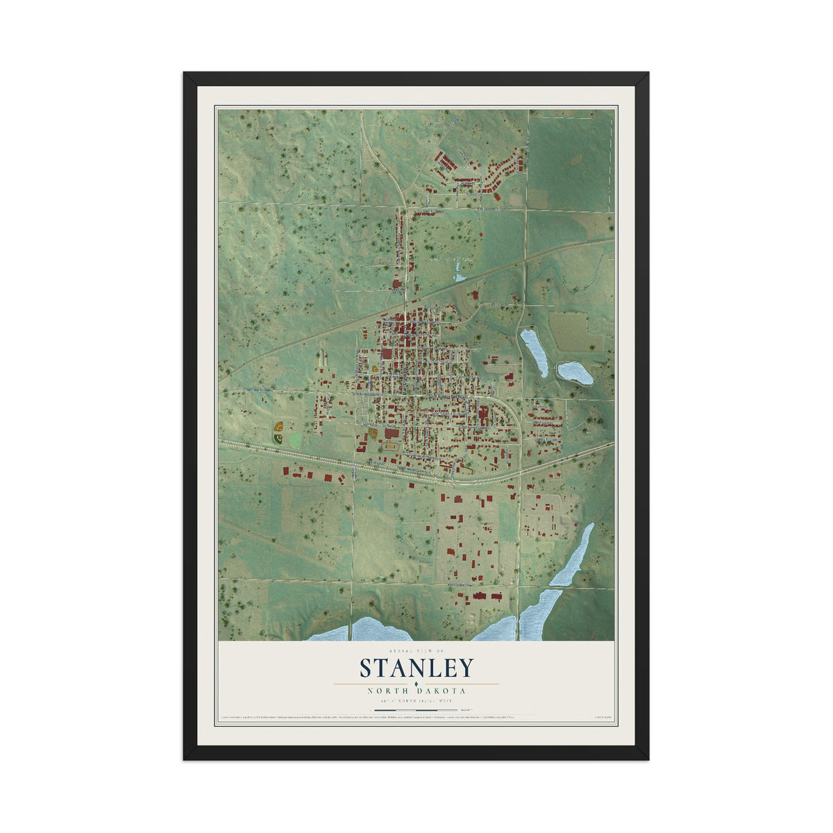 Map of Stanley, North Dakota, 12 x 18 inch print in a black wood frame