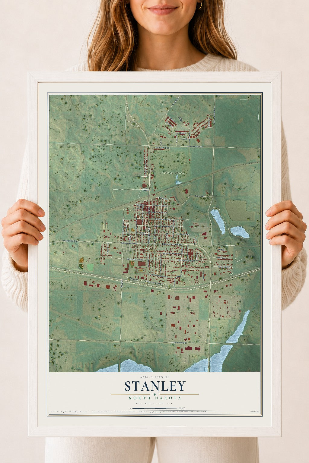 Map of Stanley, North Dakota, 18 x 24 inch print in a white wood frame
