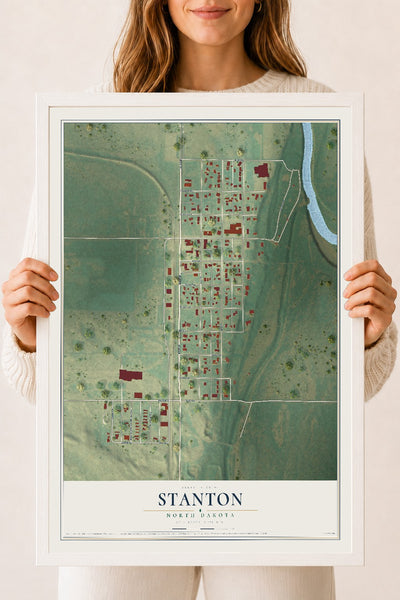 Map of Stanton, North Dakota, 18 x 24 inch print in a white wood frame