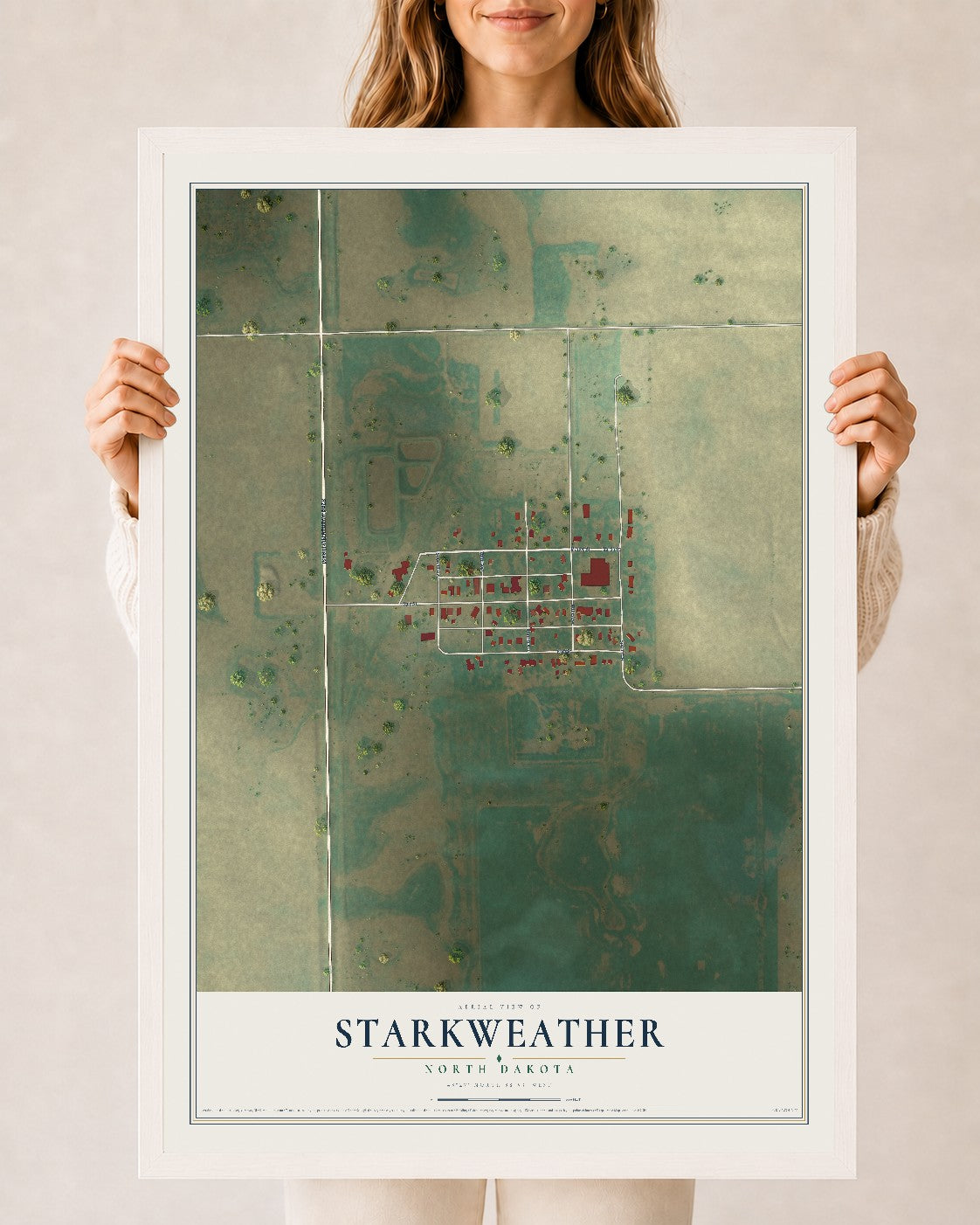 Map of Starkweather, North Dakota, 24 x 36 inch print in a white wood frame