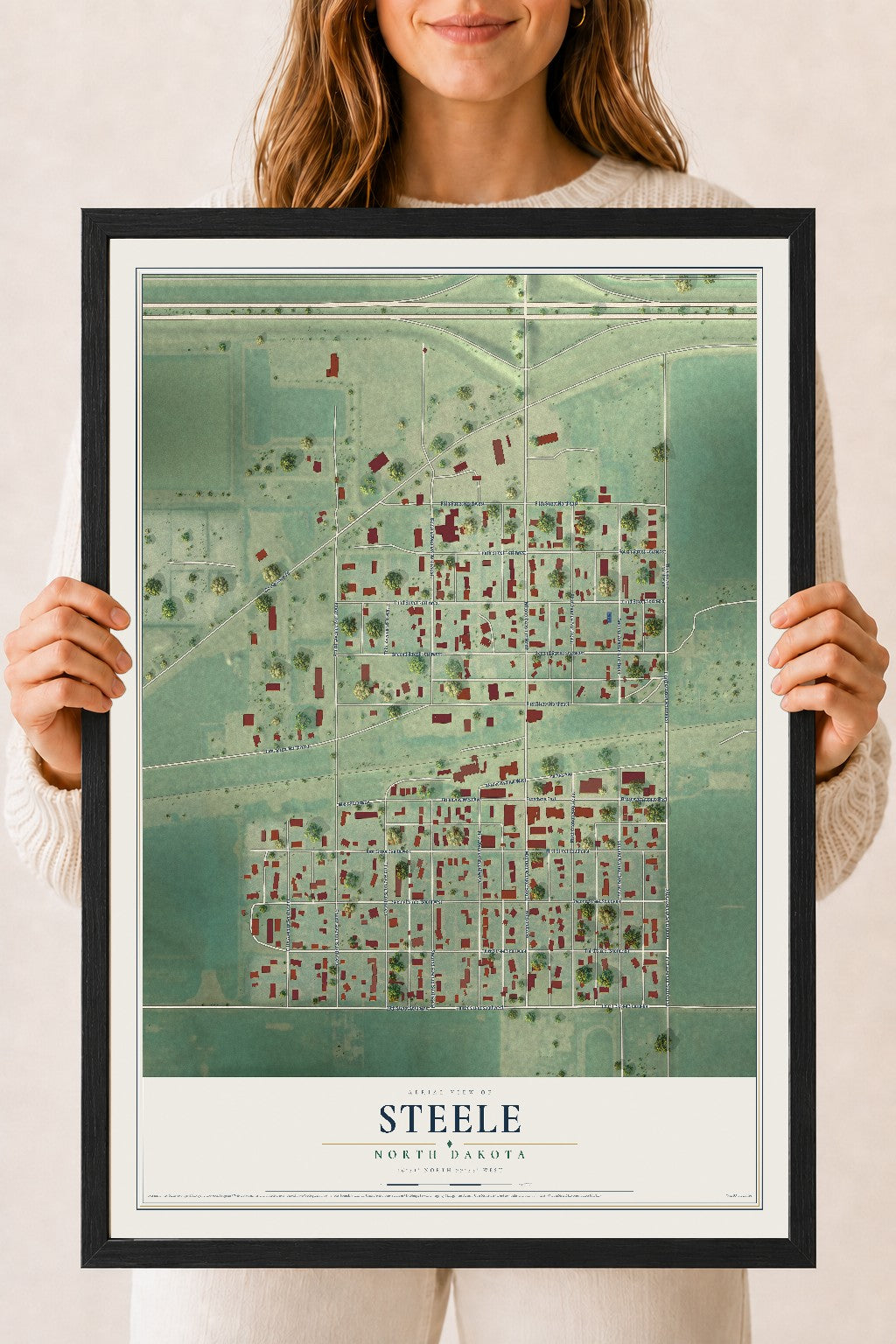 Map of Steele, North Dakota, 18 x 24 inch print in a black wood frame