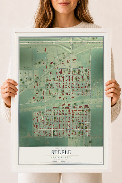 Map of Steele, North Dakota, 18 x 24 inch print in a white wood frame