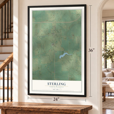 Sterling, North Dakota map, 24 x 36 inch print in a black frame by a staircase