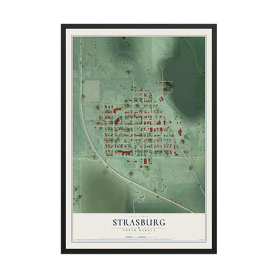 Map of Strasburg, North Dakota, 12 x 18 inch print in a black wood frame