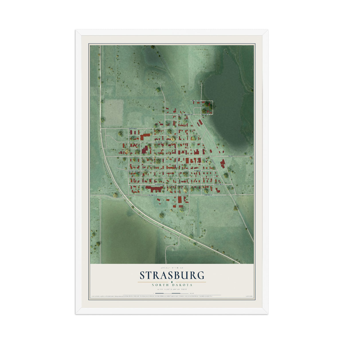 Map of Strasburg, North Dakota, 12 x 18 inch print in a white wood frame