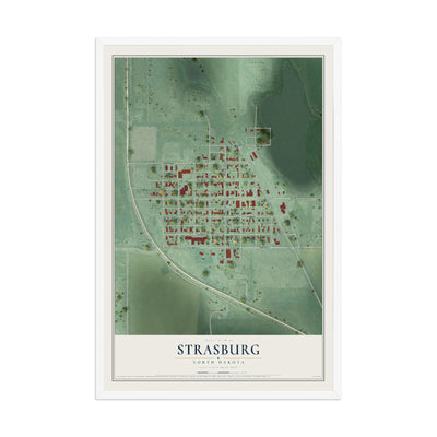 Map of Strasburg, North Dakota, 12 x 18 inch print in a white wood frame