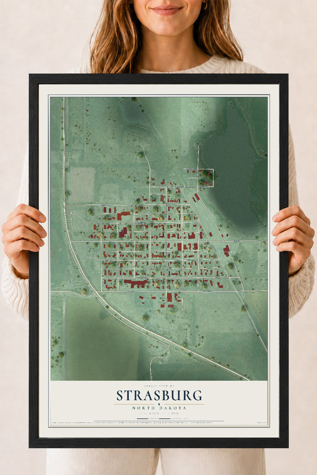 Map of Strasburg, North Dakota, 18 x 24 inch print in a black wood frame