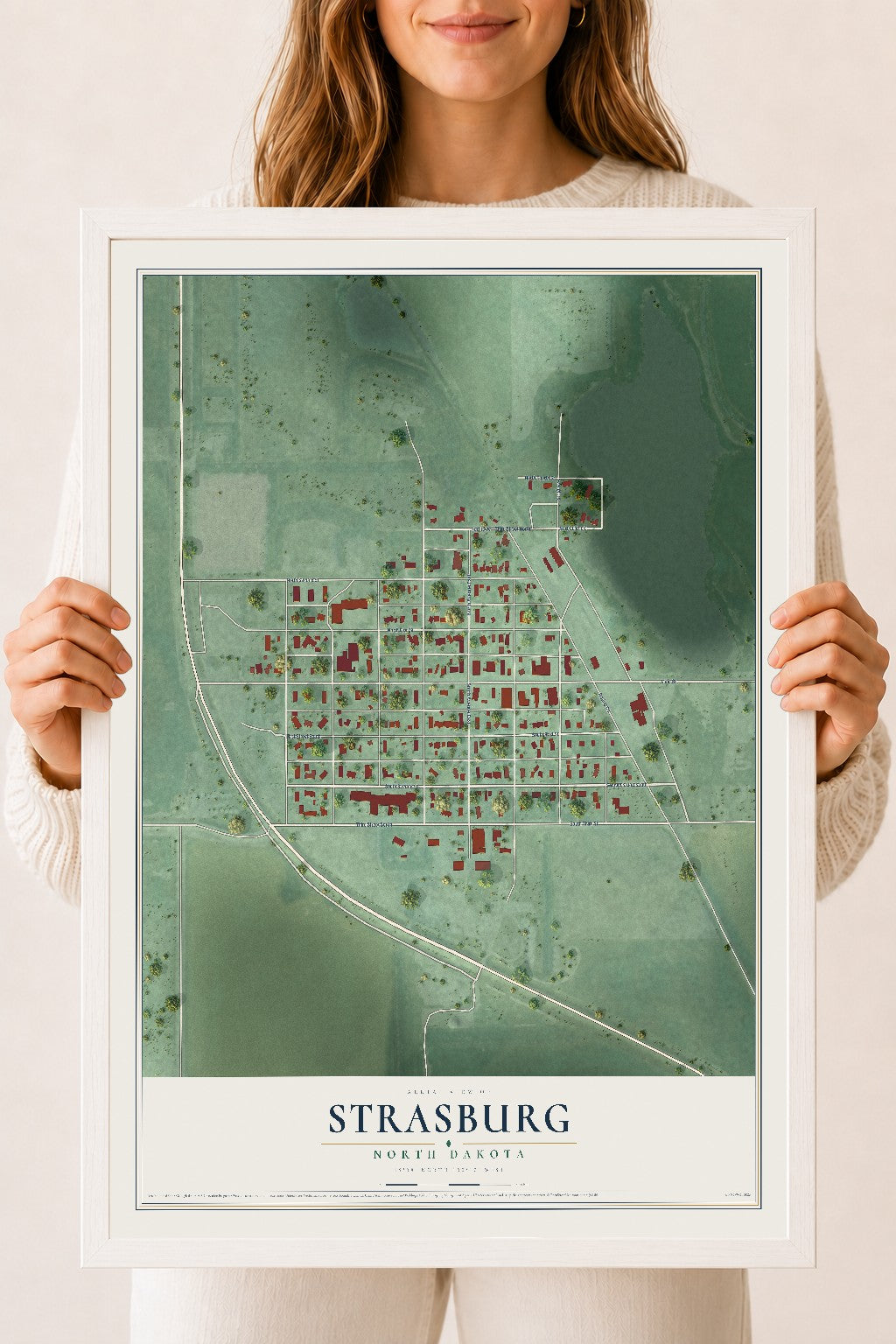 Map of Strasburg, North Dakota, 18 x 24 inch print in a white wood frame