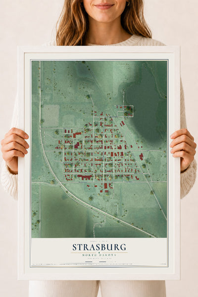 Map of Strasburg, North Dakota, 18 x 24 inch print in a white wood frame