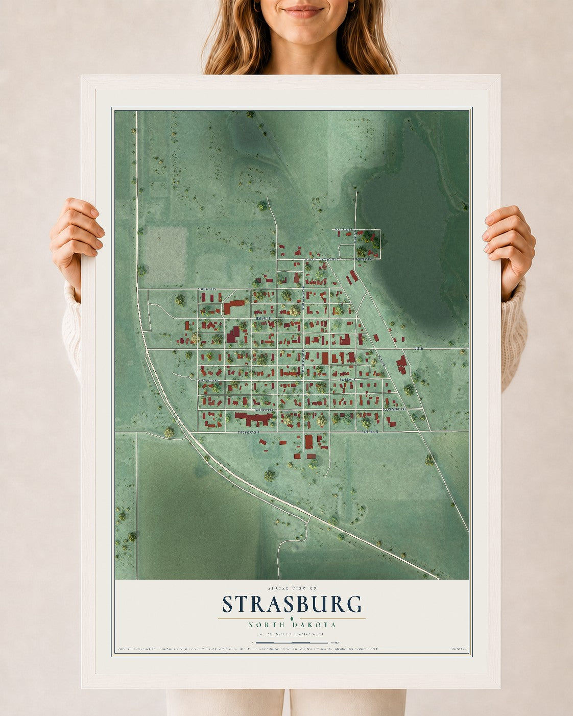 Map of Strasburg, North Dakota, 24 x 36 inch print in a white wood frame