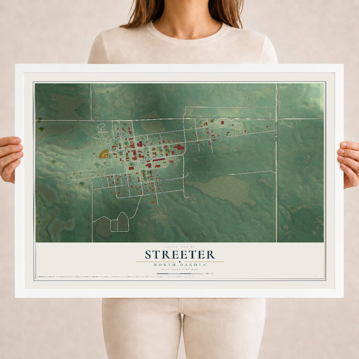 Map of Streeter, North Dakota, 18 x 24 inch print in a white wood frame