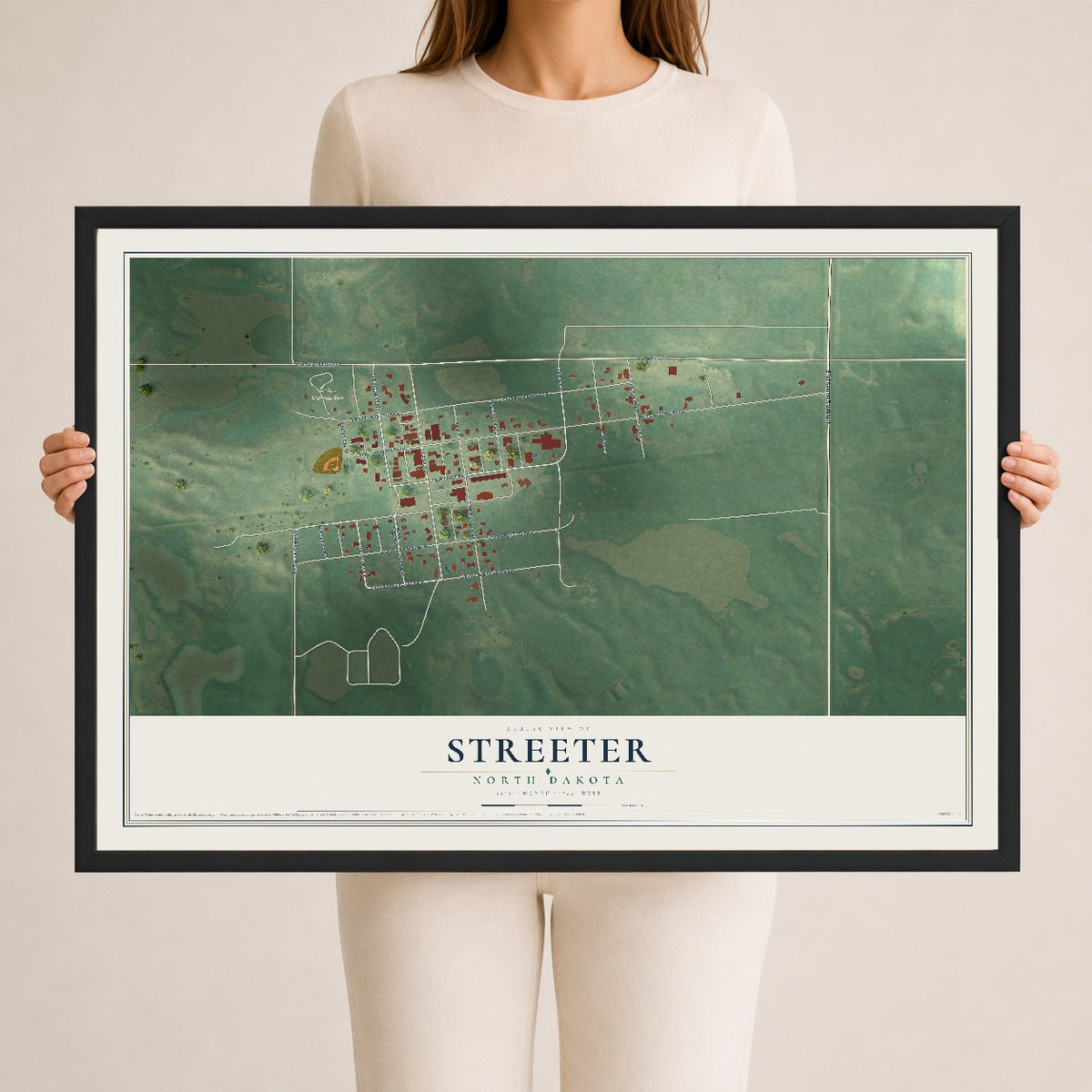 Map of Streeter, North Dakota, 24 x 36 inch print in a black wood frame