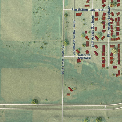 Second close-up of the map of Surrey, North Dakota print showing more streets and buildings